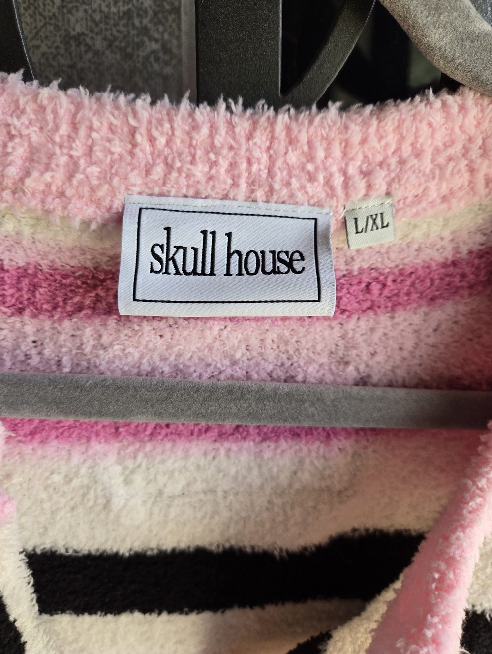 Skull House Pink Striped V-Neck 'HOUSE' Graphic Sweater - Picture 2 of 6